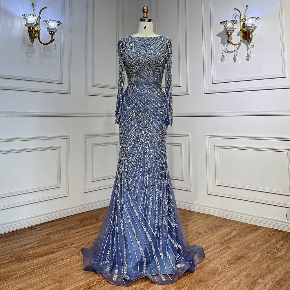 Blue Mermaid Beaded Long Sleeves Evening Gown