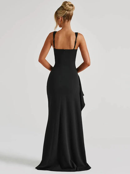 Black Spaghetti Strap Thigh High Split Long Dress
