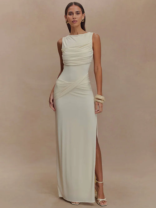 Backless Ruched O Neck Thigh High Split Long Dress