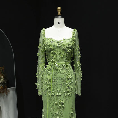 3D Floral Mermaid Evening Dress with Long Sheer Sleeves