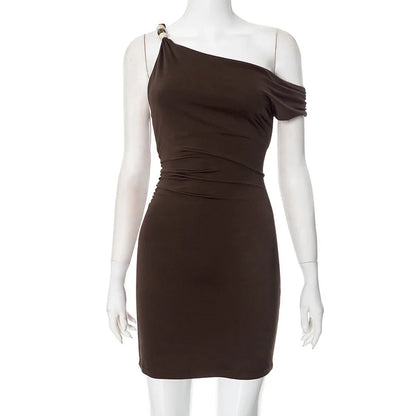 Beaded Asymmetric Slant Neck Mini Dress