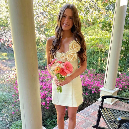 3d Flower-appliques One Shoulder Backless Mini Dress