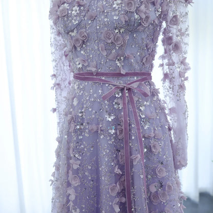 3D Floral A-Line Evening Gown Long Sleeves