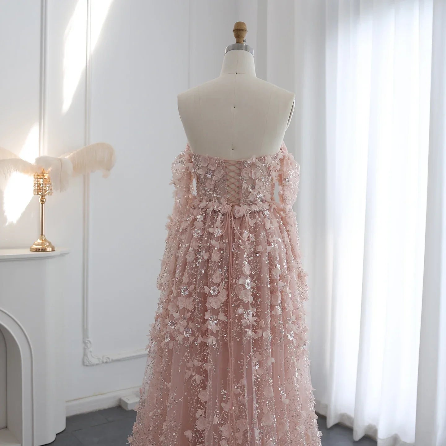 3D Flowers Evening Dress with Overskirt Long Sleeves