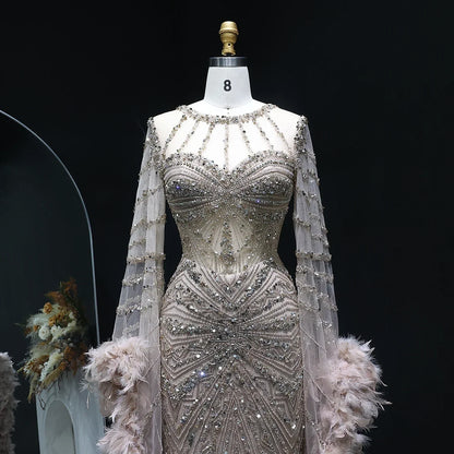 Beaded Mermaid Evening Dress with Feather Cape Sleeves