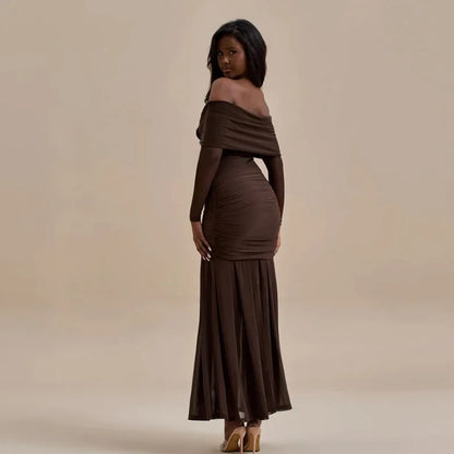 3D Flower-appliqué Mesh Long Sleeve Fishtail Maxi Dress