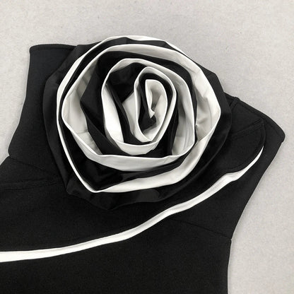 3D Flower Strapless Asymmetric Black Maxi Dress