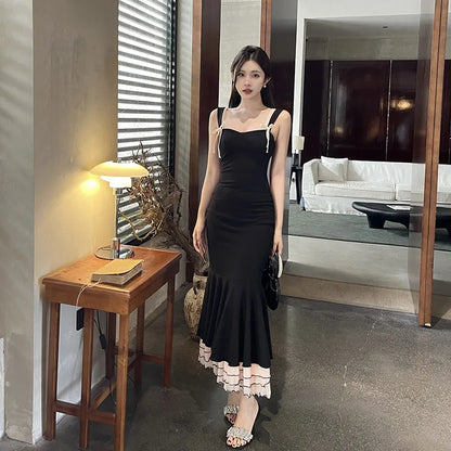 Black Ruffle Trim Fishtail Midi Dress