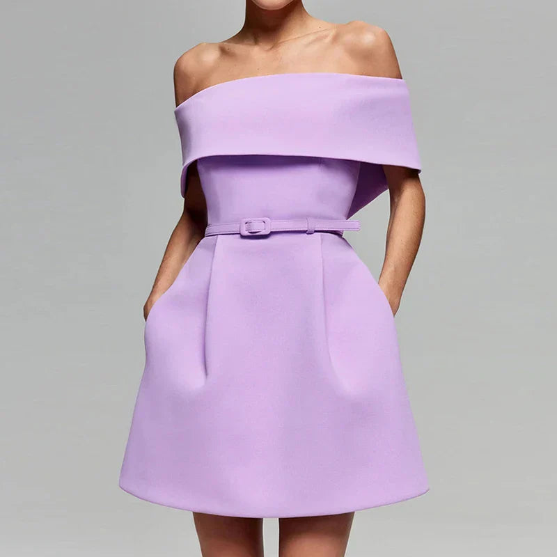 Belt Patchwork Short Sleeve Off The Shoulder Dress