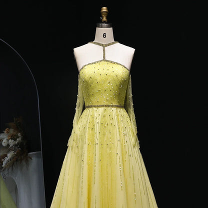 Beaded Yellow Halter Evening Dress with Gloves