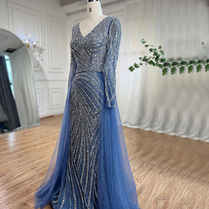 Blue Mermaid Beaded Long Sleeves Evening Gown