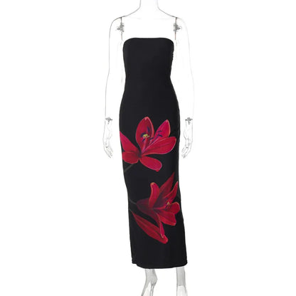 Black Tube Flower Print Back Tie Up Maxi Dress