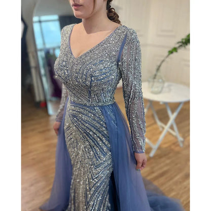Blue Mermaid Beaded Long Sleeves Evening Gown