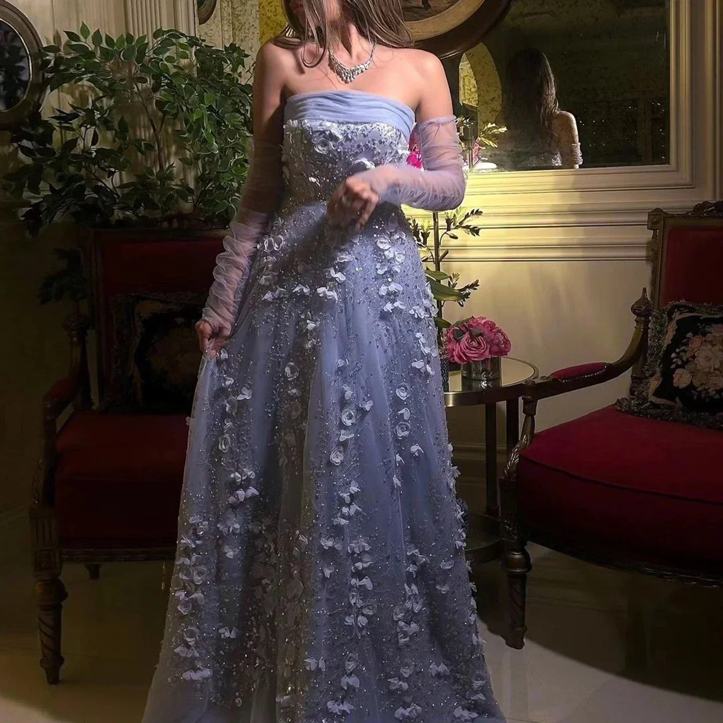 3D Flowers Long Sleeves Evening Party Dress