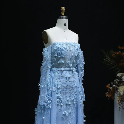 3D Flowers Evening Dress with Overskirt Long Sleeves