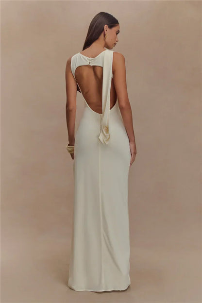Backless Ruched O Neck Thigh High Split Long Dress