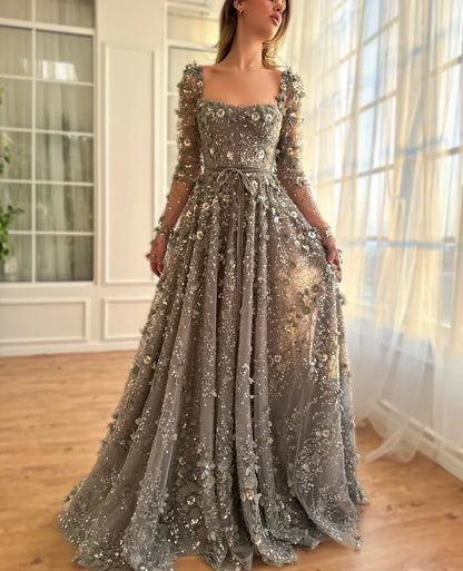 3D Floral A-Line Evening Gown Long Sleeves