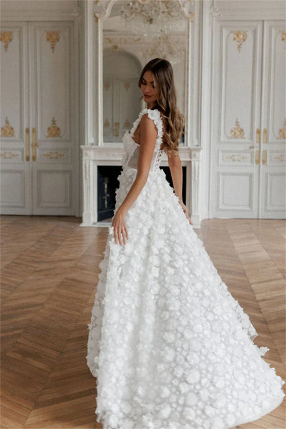 3D Flower Lace-up Back Side High Split Evening Dress