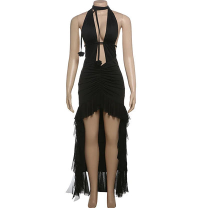 Black Deep Neck Open Back  Ruffled Maxi Dress