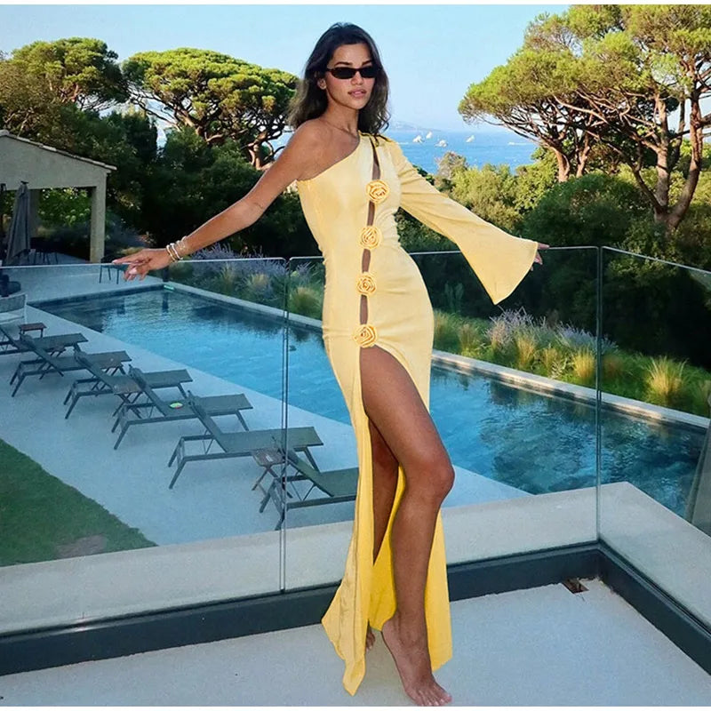 3D Flower Skew-collar Hollow Out Side Split Dress