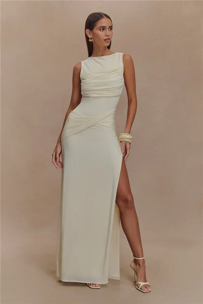 Backless Ruched O Neck Thigh High Split Long Dress
