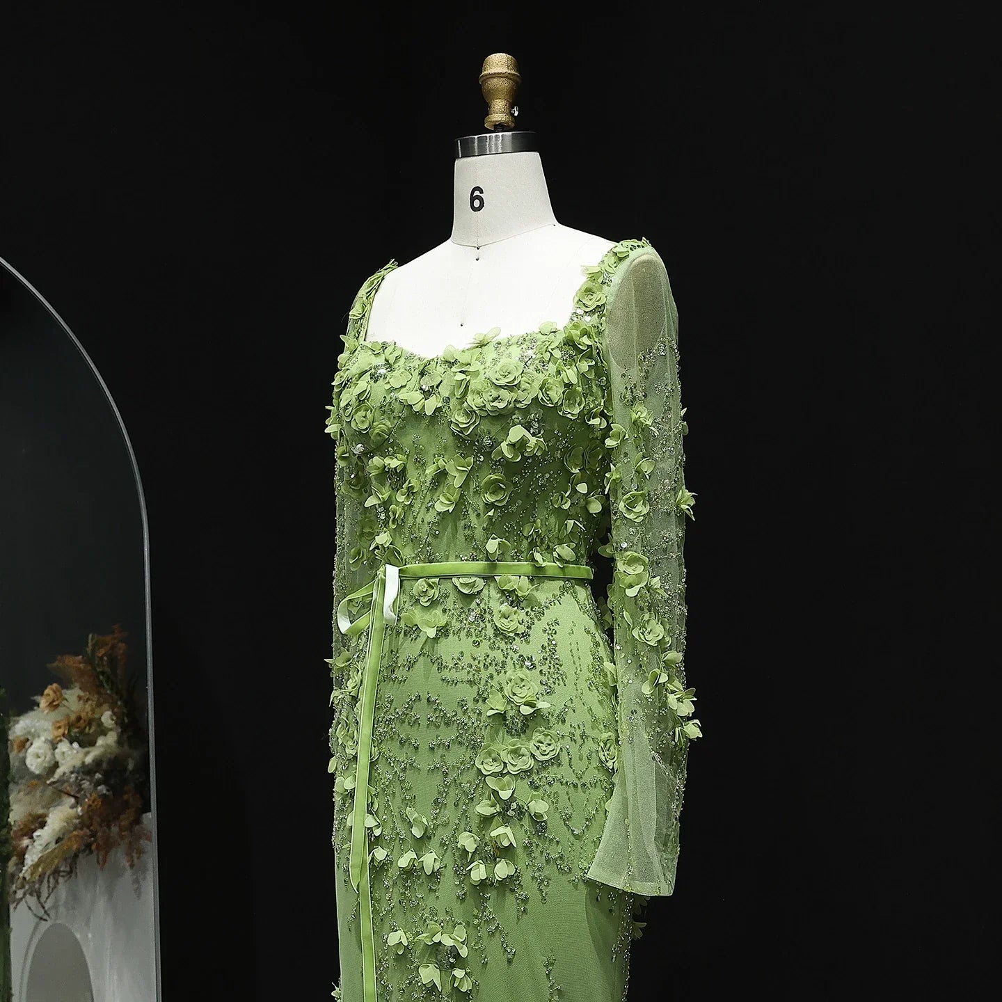 3D Floral Mermaid Evening Dress with Long Sheer Sleeves