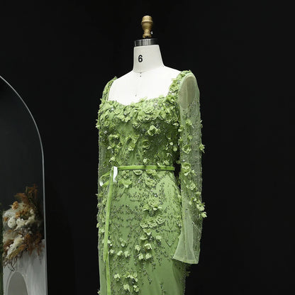 3D Floral Mermaid Evening Dress with Long Sheer Sleeves