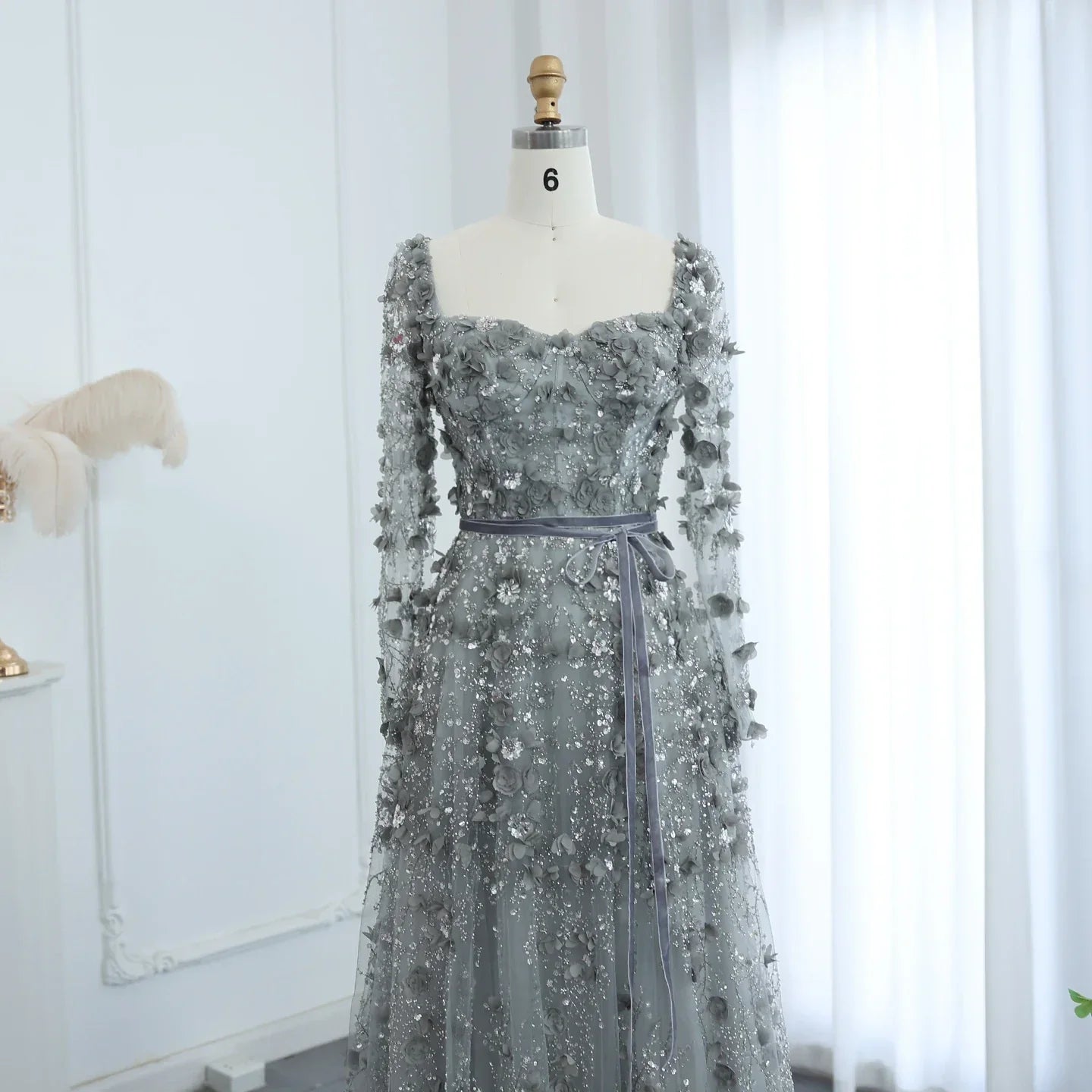 3D Floral A-Line Evening Gown Long Sleeves