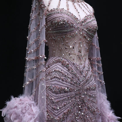 Beaded Mermaid Evening Dress with Feather Cape Sleeves