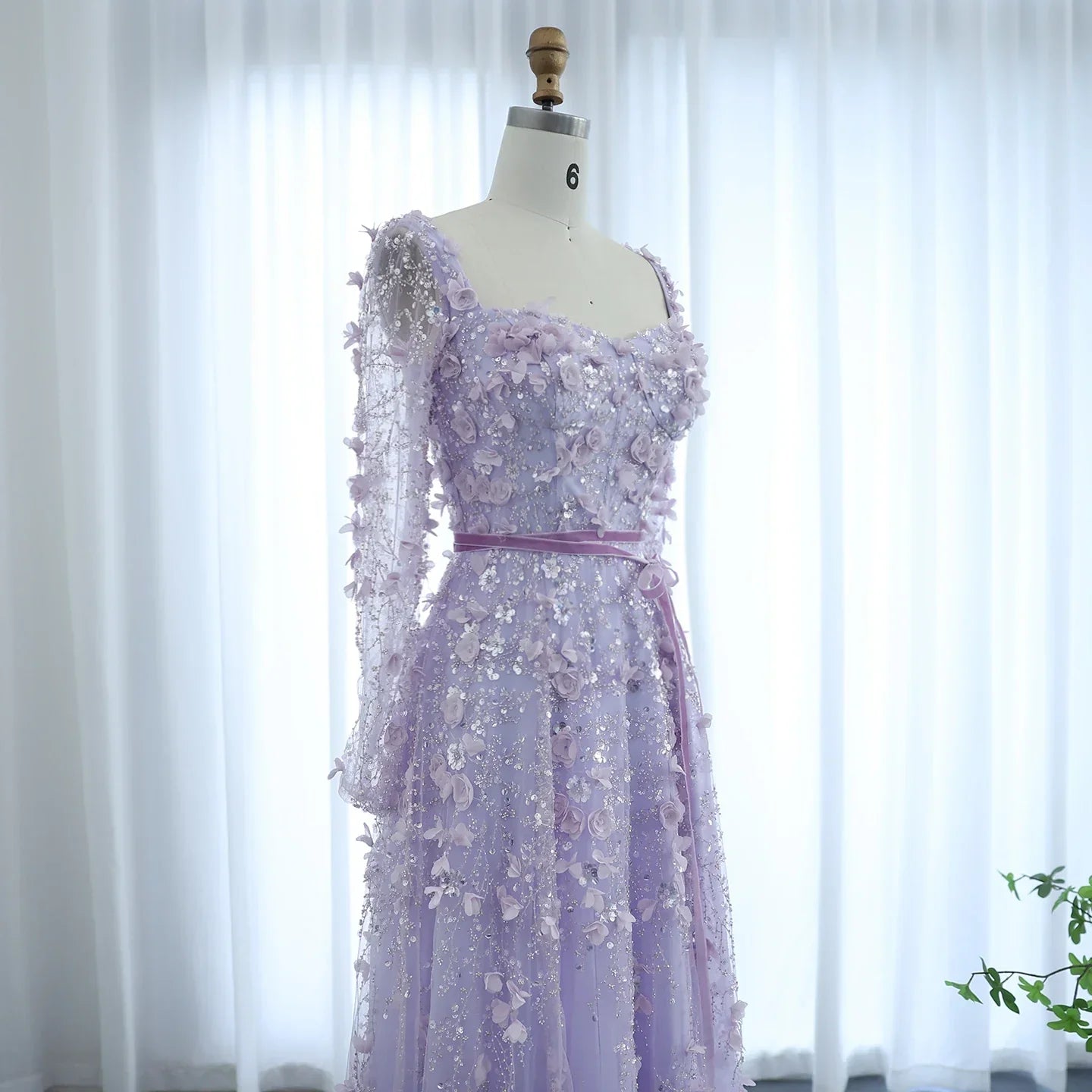 3D Floral A-Line Evening Gown Long Sleeves