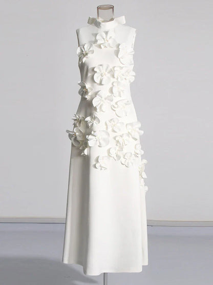 3D Flower Appliqué Mock Neck Midi Dress