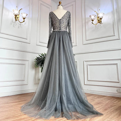 Blue Mermaid Beaded Long Sleeves Evening Gown