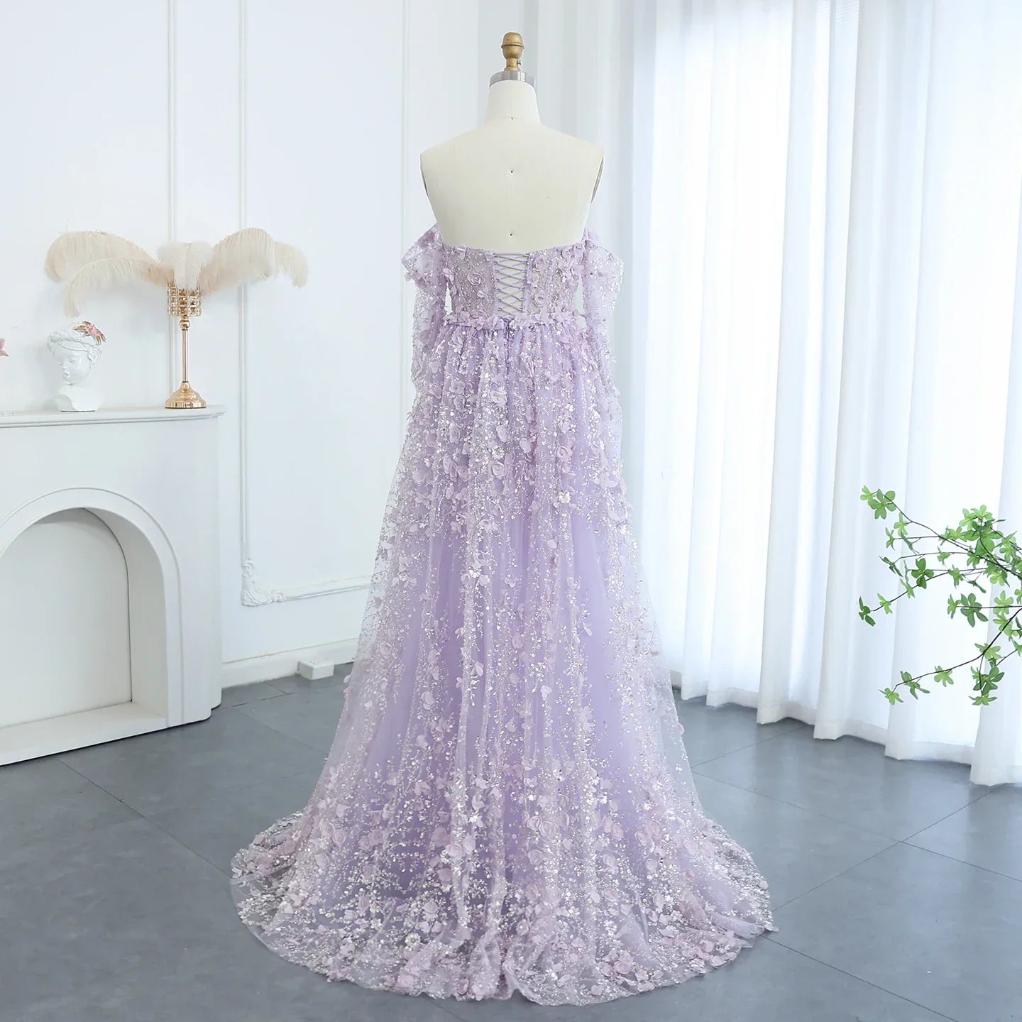 3D Flowers Evening Dress with Overskirt Long Sleeves