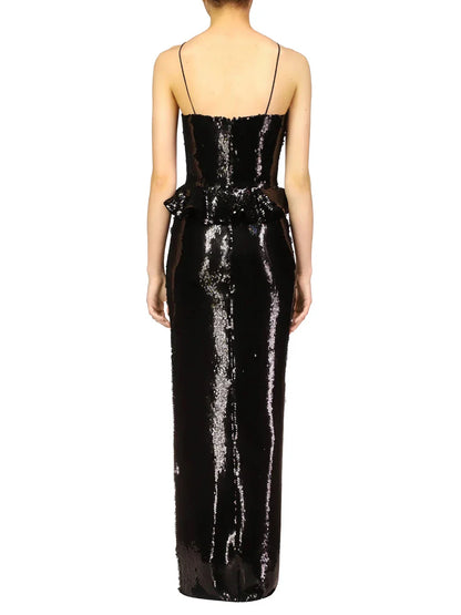 Backless Halter Mesh Sequin Maxi Dress