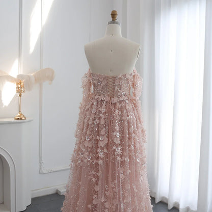 3D Floral Pink Evening Gown with Overskirt