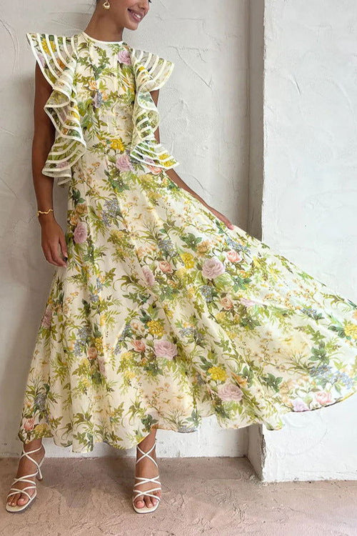 Backless Print Lace up Large Swing Dress for