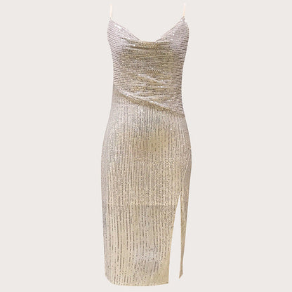 Bling Sequ Dress High Slit to Thigh Drape Halter Dress Cocktail Dress