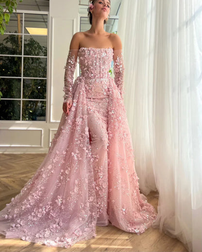 3D Flowers Evening Dress with Overskirt Long Sleeves