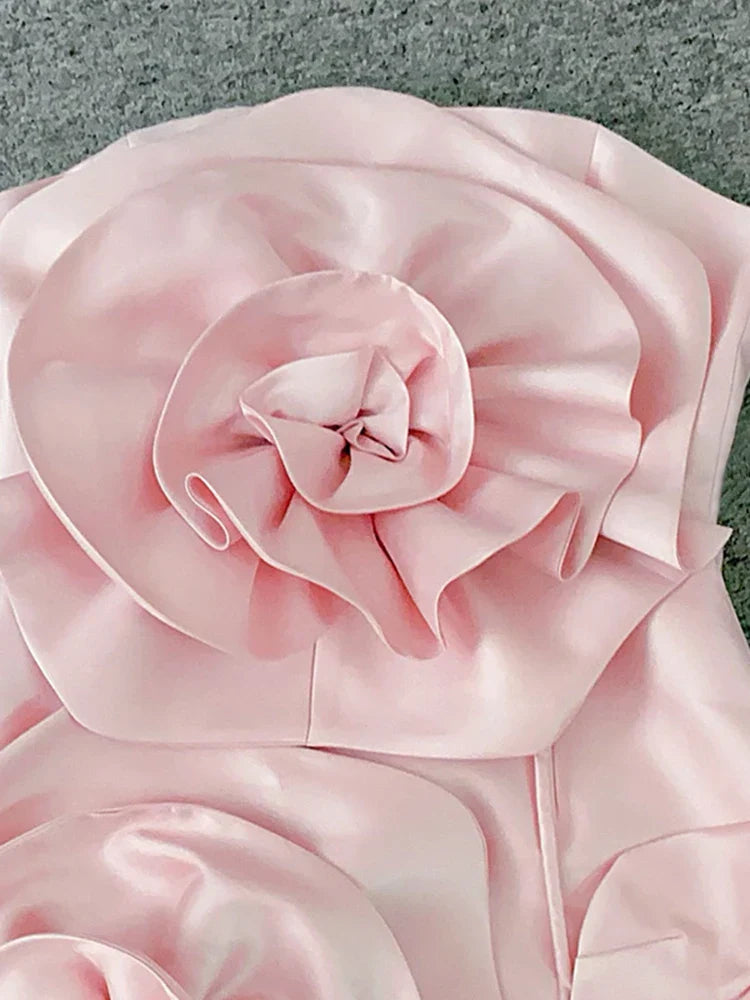 3D Floral Strapless Solid Mid-Calf Dress