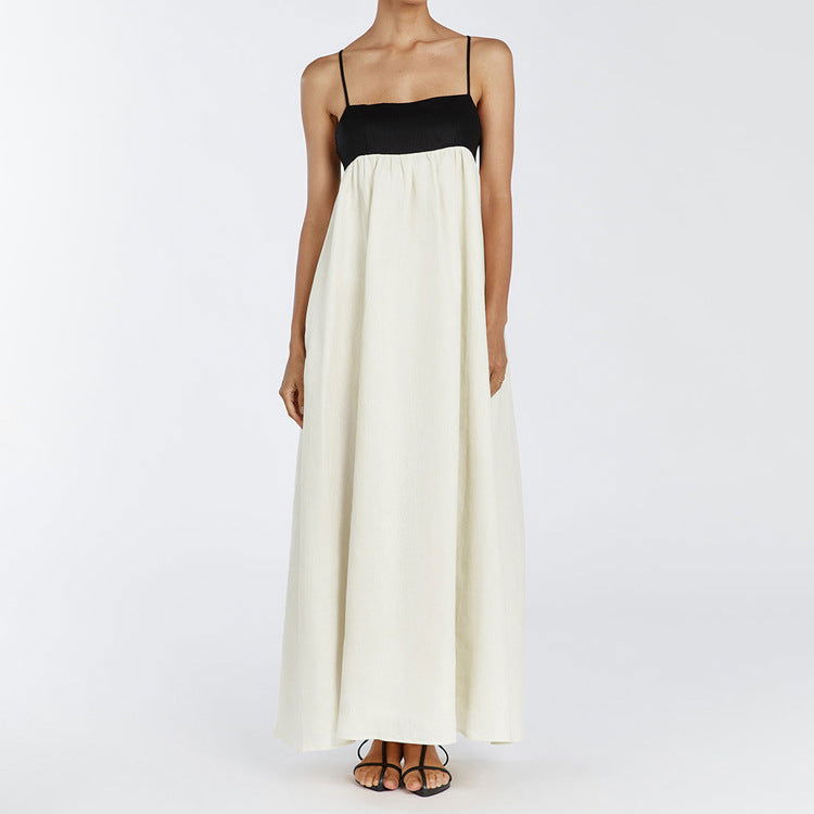 Black White Contrast Color Sling French Backless Long Pettidress