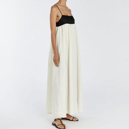 Black White Contrast Color Sling French Backless Long Pettidress
