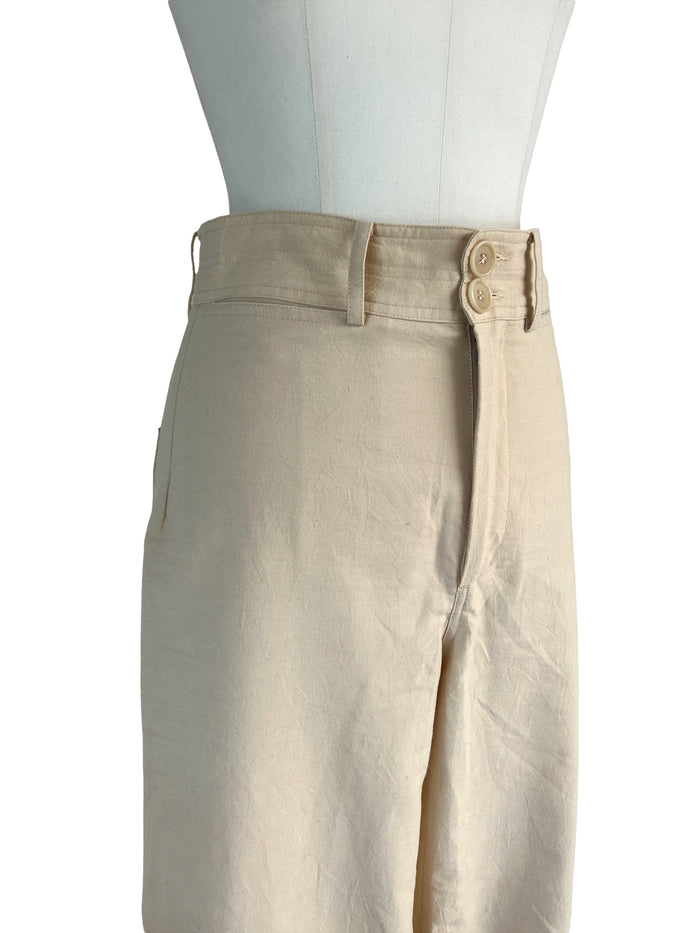 Beige Wide Cotton Pants - 0
