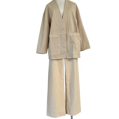 Beige Wide Cotton Pants - 0