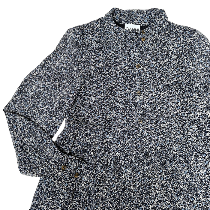 Blue Long Sleeves Floral Dress - L
