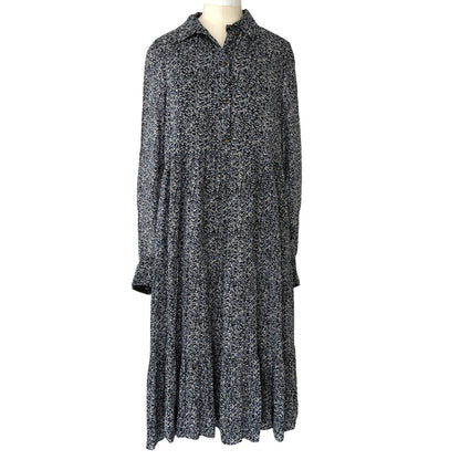 Blue Long Sleeves Floral Dress - L