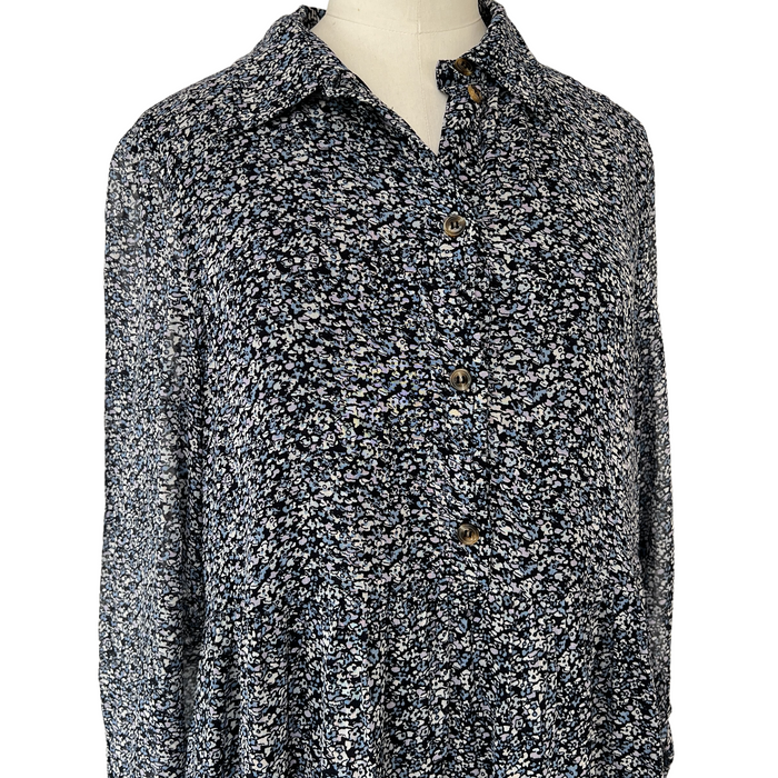 Blue Long Sleeves Floral Dress - L