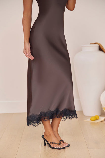 Feel The Moment Satin Maxi Dress Brown