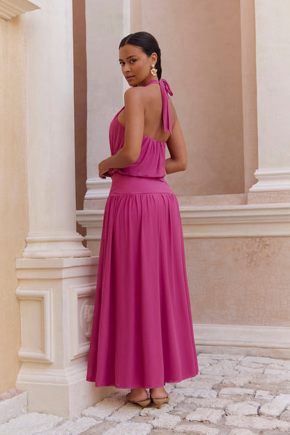 Camellia Mesh Halter Maxi Dress Magenta